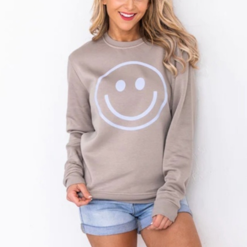 Pink Lily Taupe Crewneck Smiley Sweatshirt